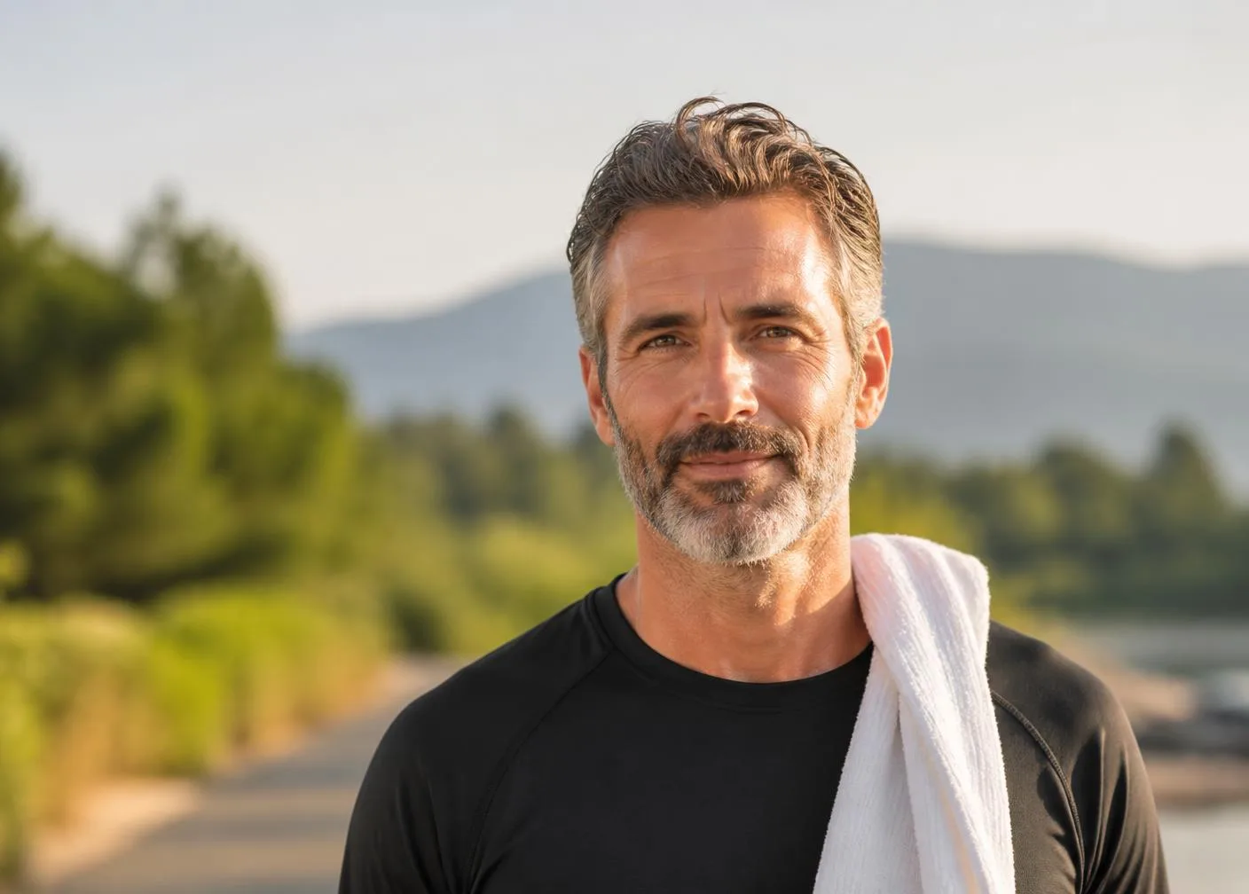 Fit man in his late 40s smiling outdoors after a workout