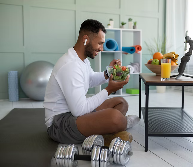 Fresh whole foods arranged for a balanced meal plan