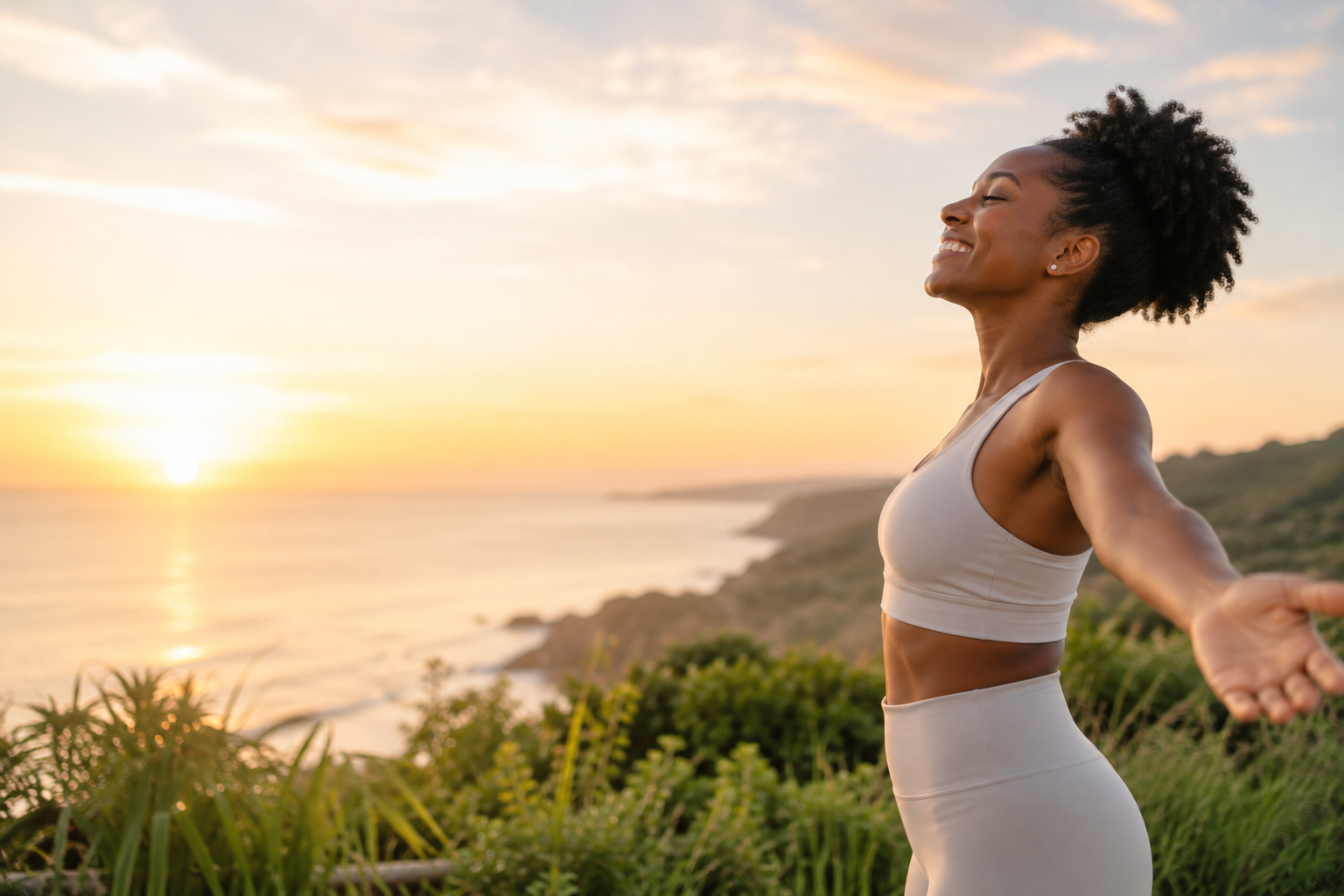 Woman feeling energized and balanced at sunrise by the ocean