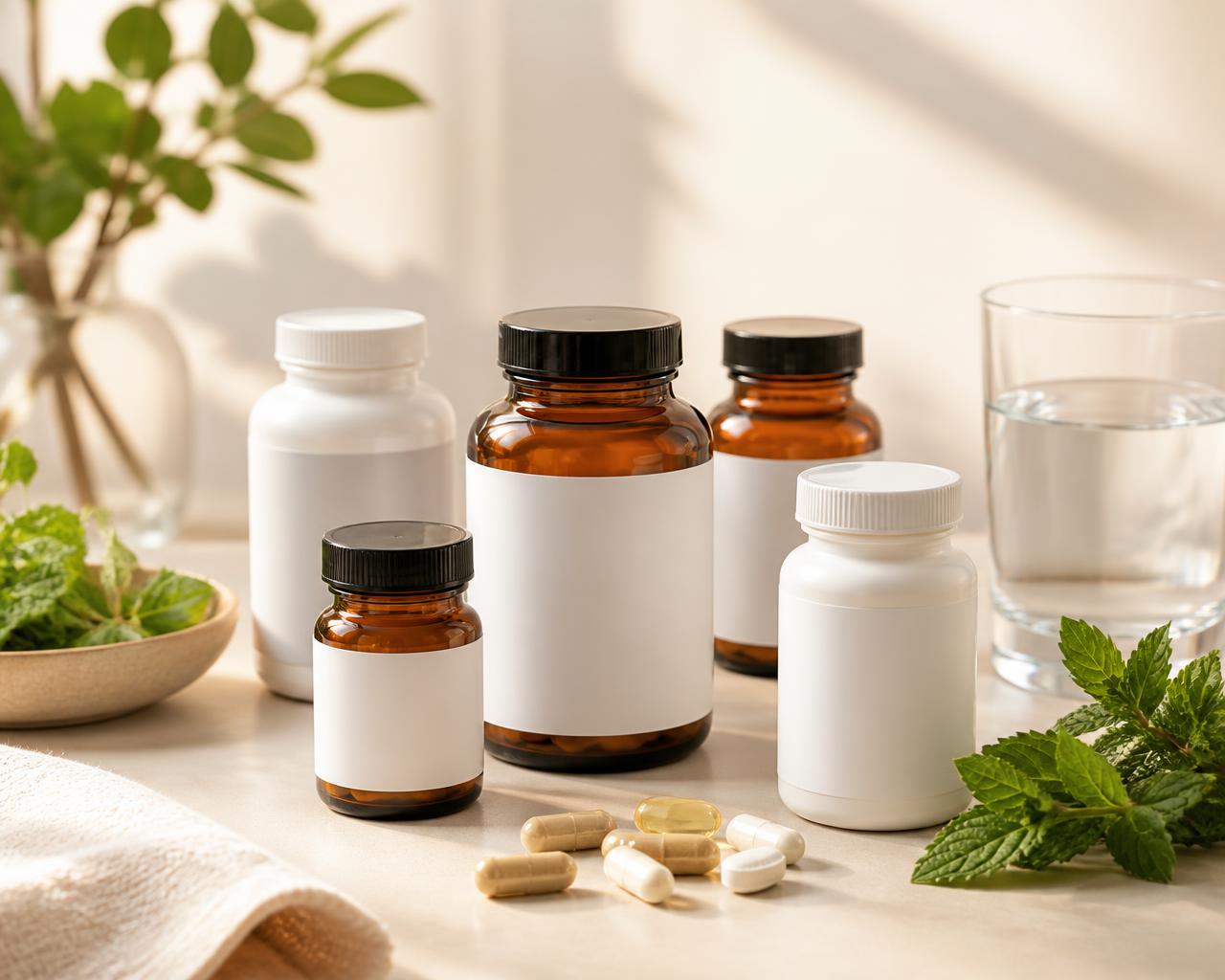 Practitioner-grade supplement bottles on a bright counter