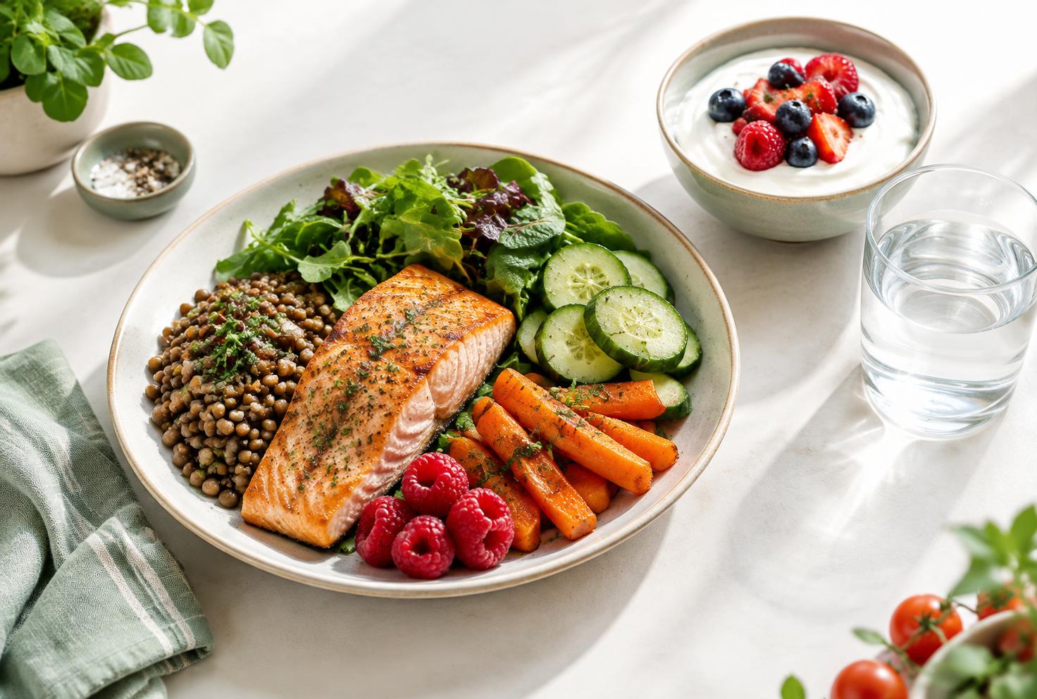Balanced GLP-1 weight loss meal with salmon, lentils, greens, carrots, Greek yogurt and water for nutrition care in Stroudsburg PA