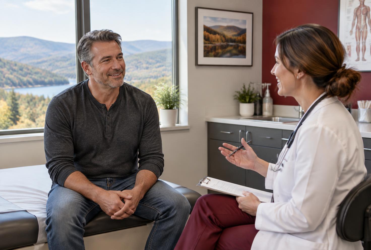 Middle-aged man discussing erectile dysfunction and low testosterone treatment with a nurse practitioner in Stroudsburg PA