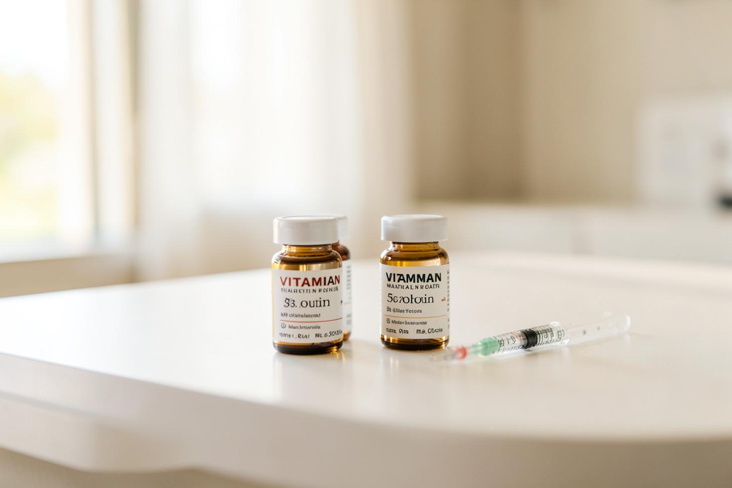 Vitamin injection vials and a syringe on a bright clinic counter