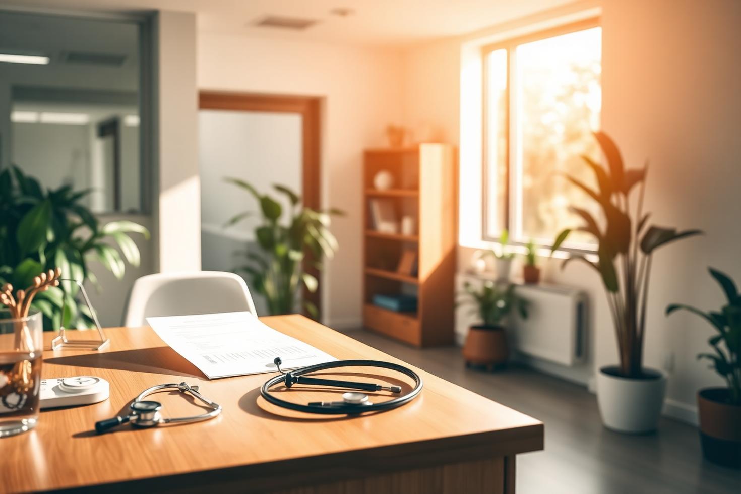 Sunlit consultation room with lab results and a stethoscope on a wooden desk