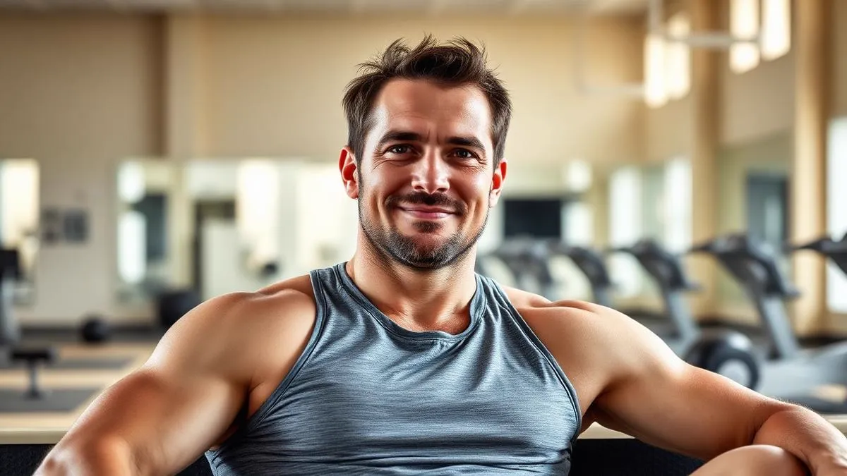 Man in his forties resting after a workout in a bright gym